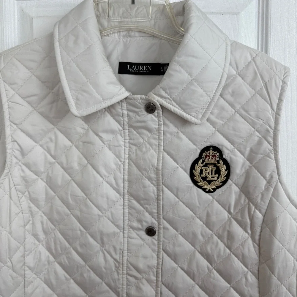 Lauren Ralph Lauren Quilted Vest Womens‎ White Snap Front RL Crest Logo Sz L - Picture 2 of 9